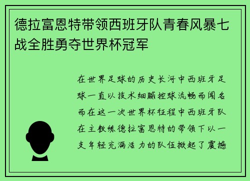 德拉富恩特带领西班牙队青春风暴七战全胜勇夺世界杯冠军