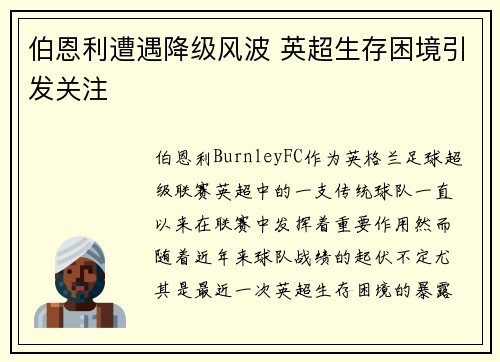 伯恩利遭遇降级风波 英超生存困境引发关注